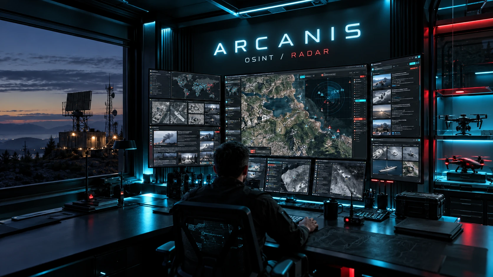 Arcanis OSINT and radar monitoring center with supporting drone platforms.